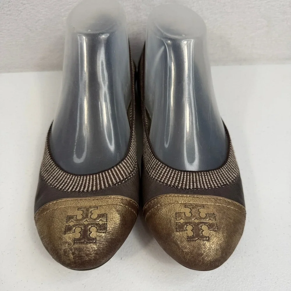 Tory Burch Sz 8.5 Gabby Ballet Flats Gun Metal Leather Gold‎ Cap Toe Logo Shoes